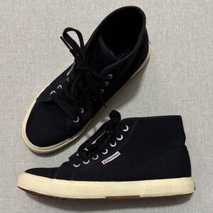 EUC Superga Hi Top Sneakers-Euro 39-Cotton Canvas Uppers-Black-Off White Soles